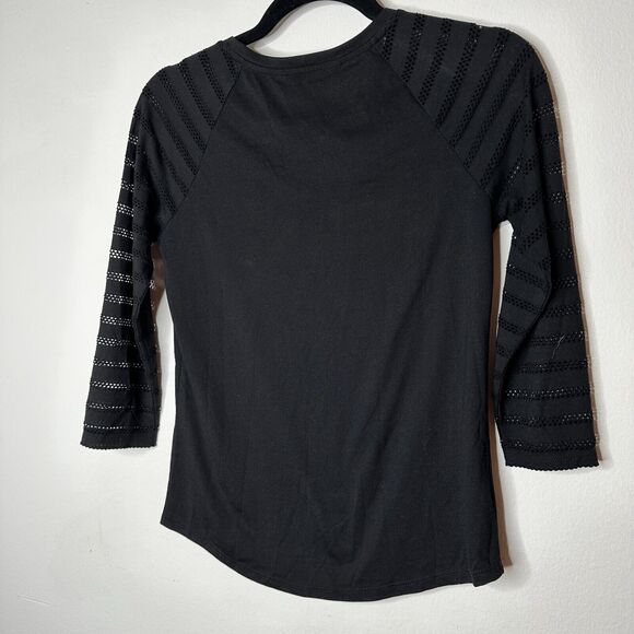 Ann Taylor Loft Black 3/4 Sleeves Cut-Out Triangle Stripe Round Neck Shirt XXP - Picture 2 of 10